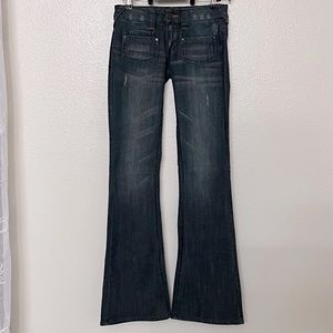 Indigo Rein- flare, denim jeans, size 1 w/factory fading/distressing